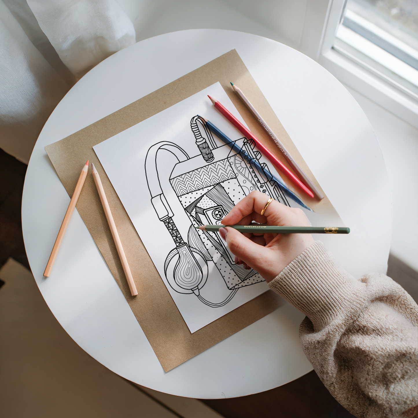 Retro Cassette Player Zentangle Coloring Page – Intricate Printable Art for Relaxation & Creativity