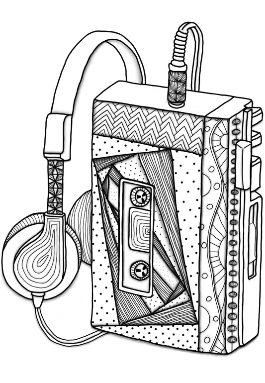 Retro Cassette Player – Printable Coloring Page